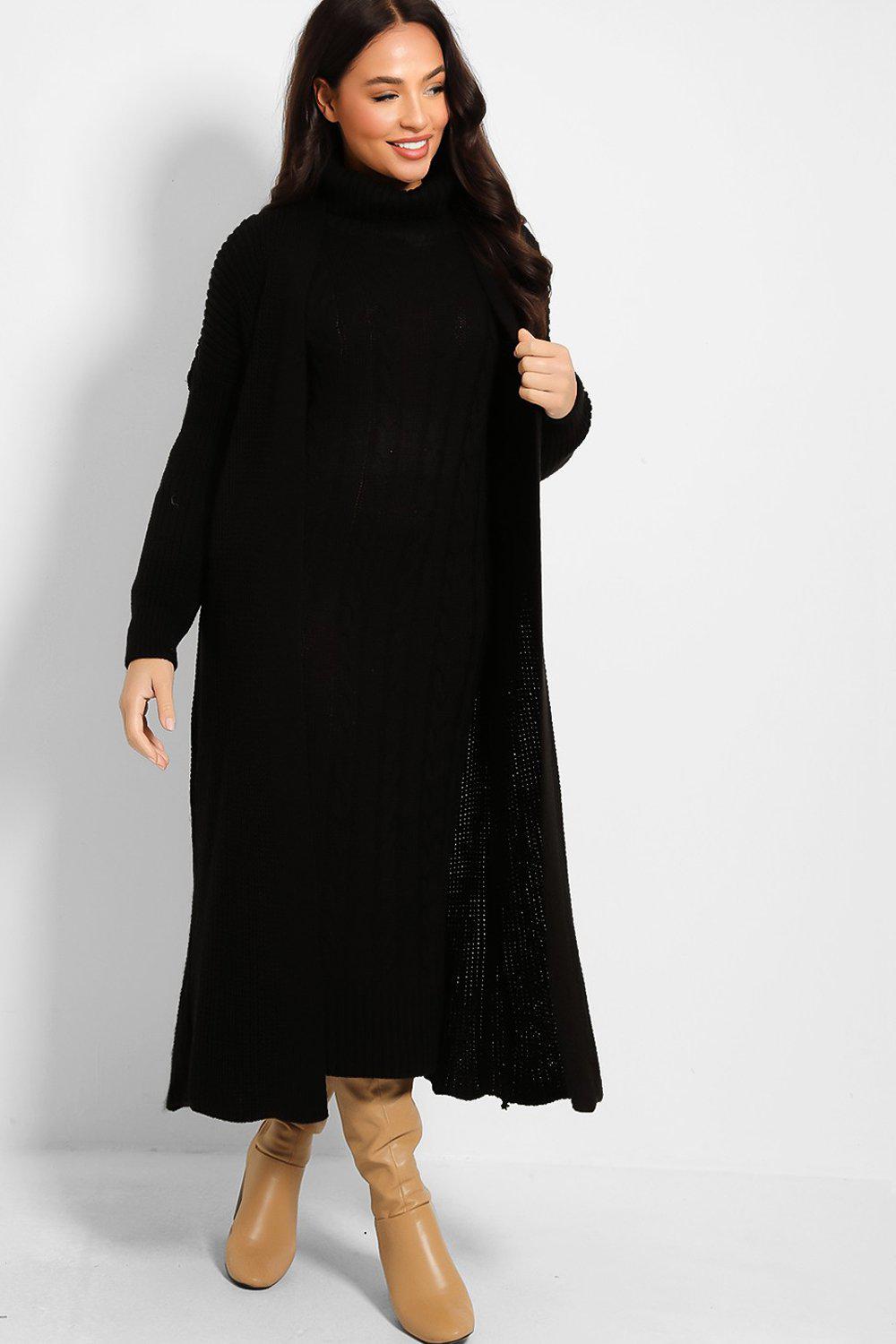 BLACK CABLE KNIT ROLL NECK MAXI DRESS CARDIGAN SET