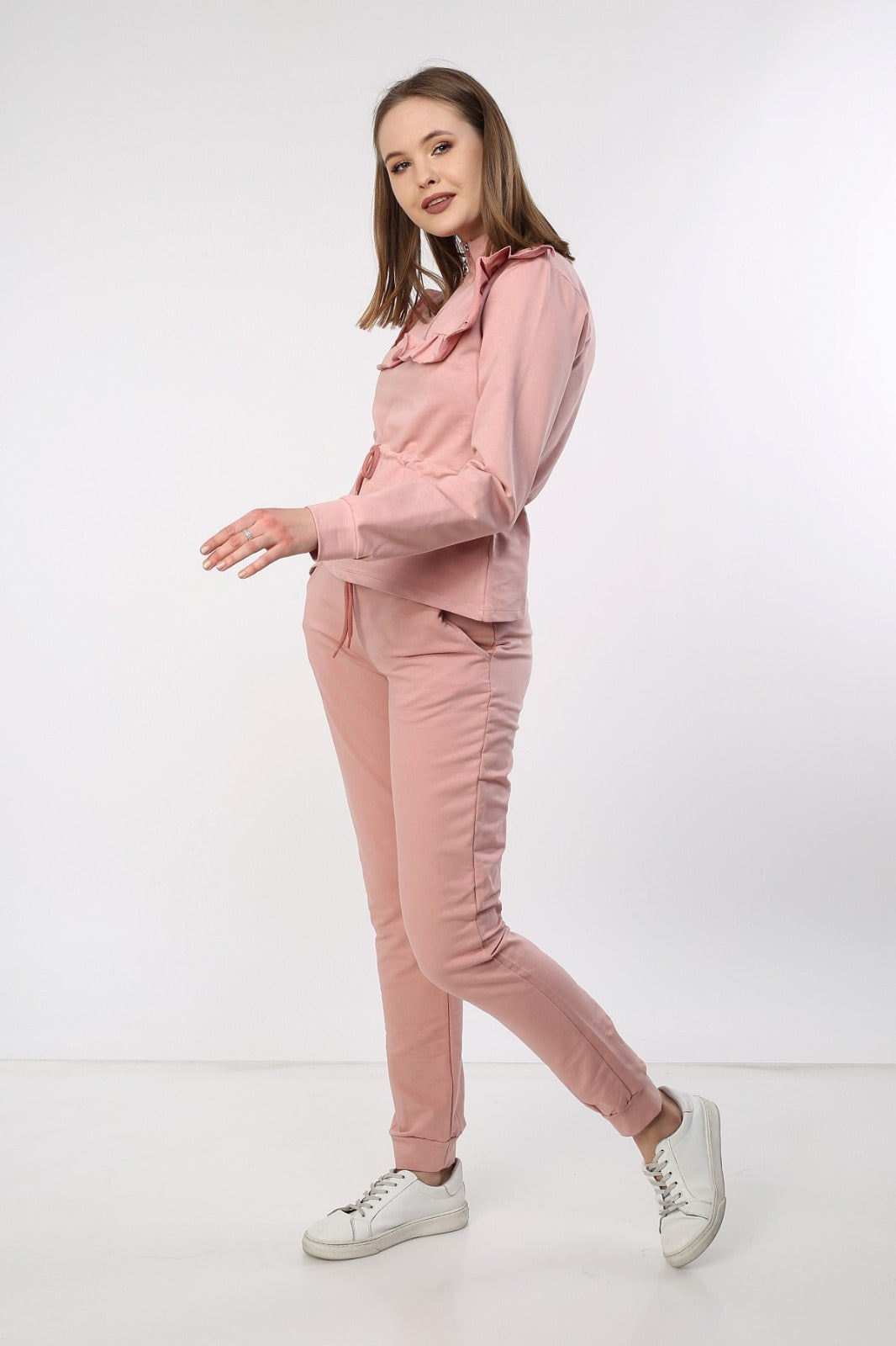 UK WHOLESALER WOMENS FRILL TIE UP ZIP TOP JOGGER PINK LOUNGEWEAR