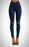 Dark Blue High Waisted Ripped Knee Skinny Stretchy Jeans