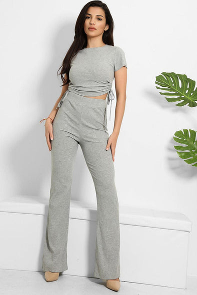 GREY RIBBED JERSEY CROPPED DRAWSTRING TOP & TROUSERS SET