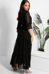 BLACK LUREX PINSTRIPE TIERED MODEST LONG DRESS