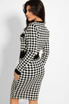 BLACK WHITE DOGTOOTH BUTTON DETAIL KNITTED BODYCON DRESS
