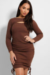 CUT OUT DRAWSTRING BROWN RUCHED MIDI DRESS