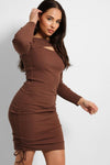 CUT OUT DRAWSTRING BROWN RUCHED MIDI DRESS