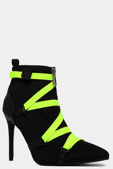 NEON GREEN BELTED STILETTO BLACK ANKLE BOOTS