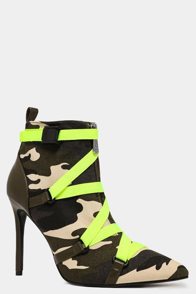 CAMOUFLAGE PRINT CANVAS BELTED STILETTO ANKLE BOOTS