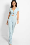 BABY BLUE CUT OUT DETAIL TOP & WIDE LEG RIBBED JERSEY LOUNGE SET
