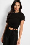 RIBBED JERSEY DOUBLE DRAWSTRING BLACK CROP TOP
