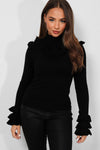 FRILL LONG SLEEVE SOFT KNIT BLACK STRETCHY PULLOVER