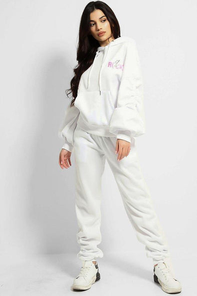 WOMENS WHOLESALE FASHION SEQUIN HOODIE & JOGGERS WHITE TRACKSUIT