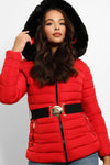 FAUX FUR HOODED RED PADDED JACKET WITH ELASTIC BUCKLE BELT