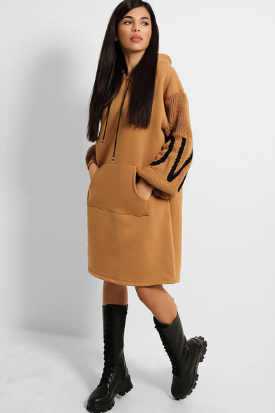 KNITTED SLEEVE THICK FLEECE CAMEL OVERSIZED HOODIE DRESS