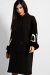 KNITTED SLEEVE THICK FLEECE BLACK OVERSIZED HOODIE DRESS