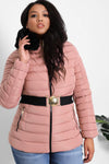 FAUX FUR HOODED PINK PADDED JACKET WITH ELASTIC BUCKLE BELT