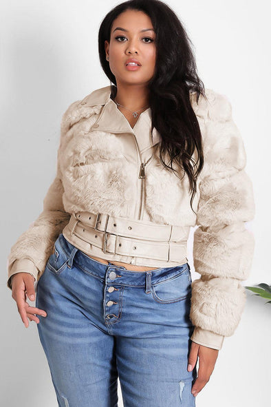 FAUX FUR BELTED LEATHER LOOK TRIM BEIGE BIKER JACKET