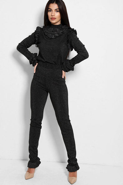 FRILL MOCK NECK SWEATER & LEGGINGS SHIMMER BLACK LEISURE SUIT