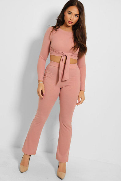 PINK TIE UP CROP TOP & WIDE LEG TROUSERS LOUNGE SET