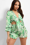 GREEN MARBLE SWIRL CROPPED TIE UP SHIRT & SHORTS SET