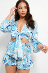 BLUE MARBLE SWIRL CROPPED TIE UP SHIRT & SHORTS SET