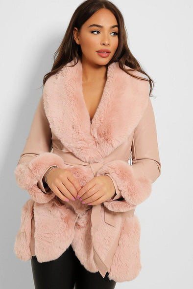 FAUX FUR TRIM BELTED LEATHER LOOK PINK JACKET