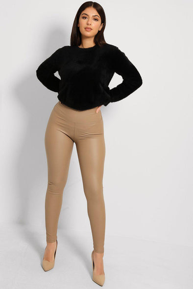 HIGH WAISTED TAN LEATHER LOOK STRETCHY LEGGINGS
