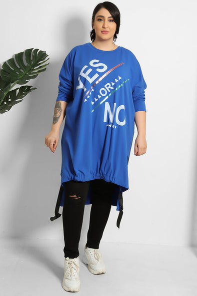 ROYAL BLUE DRAWSTRING HEM SLOGAN PRINTED SWEATSHIRT