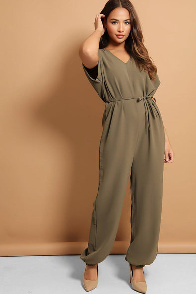 RELAXED WAIST-TIE KHAKI HAREM OVERALLS