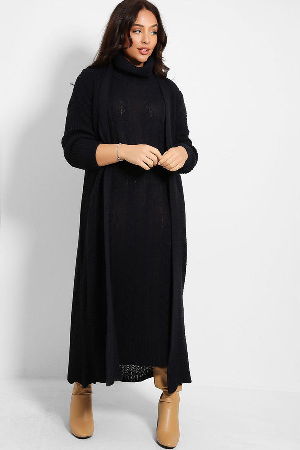 NAVY CABLE KNIT ROLL NECK MAXI DRESS & CARDIGAN SET