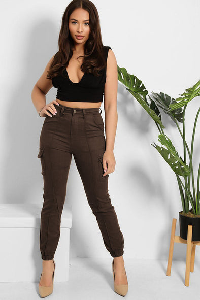 BROWN HIGH WAISTED POCKET COMBAT TROUSERS
