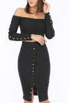 Button Down Black Ribbed Off Shoulder Jersey Crop Top with Slit Midi Body-con Skirt Team