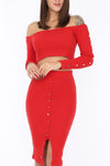 Button Down Red Ribbed Off Shoulder Jersey Crop Top with Slit Midi Body-con Skirt Team