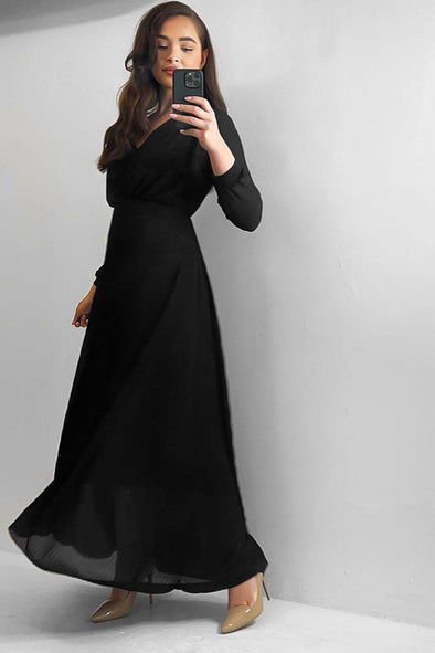 BLACK PLEATED CHIFFON V-NECK MAXI DRESS