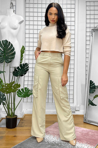 BEIGE HIGH WAISTED SHELL CARGO TROUSERS