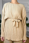 BEIGE OVERSIZED BELTED TUNIC & WIDE TROUSERS CRINKLED LOUNGE SET
