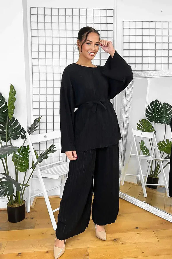 BLACK OVERSIZED BELTED TUNIC & WIDE TROUSERS CRINKLED LOUNGE SET