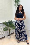 NAVY FLORAL PLEATED MAXI SKIRT