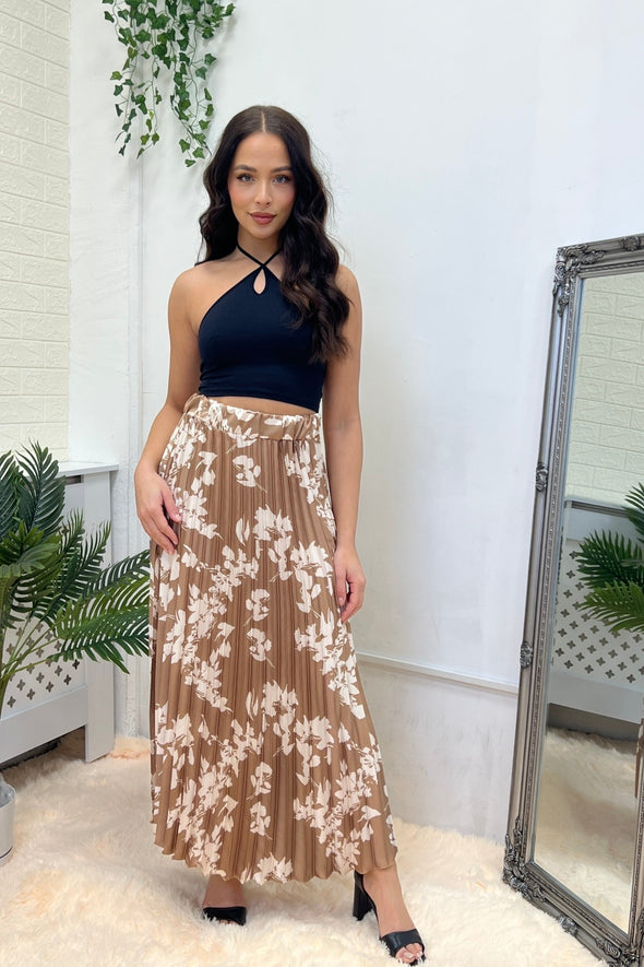 BEIGE FLORAL PLEATED MAXI SKIRT