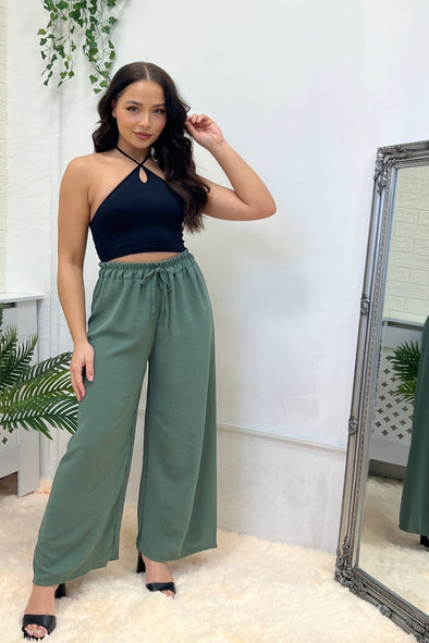 SAGE CRUSHED SATIN WIDE LEG TIE UP TROUSERS
