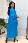 LEOPARD PRINT BLUE SATIN BUTTON DOWN LONG SHIRT DRESS