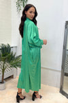 LEOPARD PRINT GREEN SATIN BUTTON DOWN LONG SHIRT DRESS