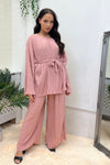 DUSTY PINK OVERSIZED BELTED TUNIC & WIDE TROUSERS CRINKLED LOUNGE SET