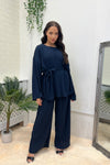 NAVY OVERSIZED BELTED TUNIC & WIDE TROUSERS CRINKLED LOUNGE SET
