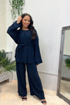 NAVY OVERSIZED BELTED TUNIC & WIDE TROUSERS CRINKLED LOUNGE SET