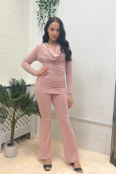 COWL NECK TOP & WIDE LEG TROUSERS PINK LOUNGE SET