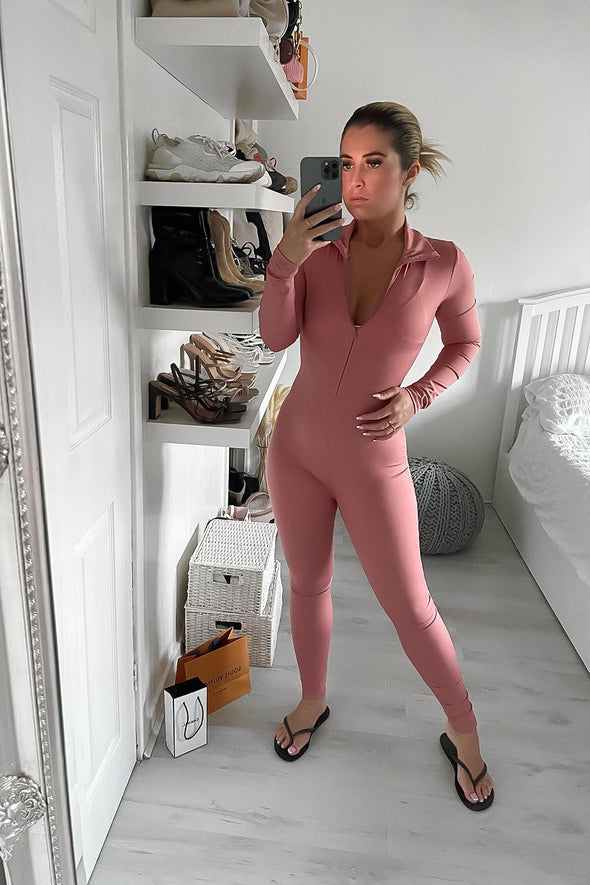 HIGH NECK ZIP UP PINK STRETCHY SLINKY JUMPSUIT