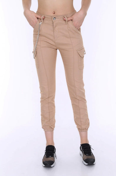 Chain Detail Slim Fit Stretchy Beige Cargo Trousers