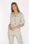 Short Sleeve V Cut Beige Relaxed Combat Overalls