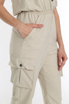 Short Sleeve V Cut Beige Relaxed Combat Overalls