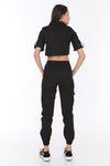 CROP TIE UP TOP & UTILITY TROUSERS BLACK MATCHING SET