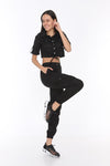 CROP TIE UP TOP & UTILITY TROUSERS BLACK MATCHING SET
